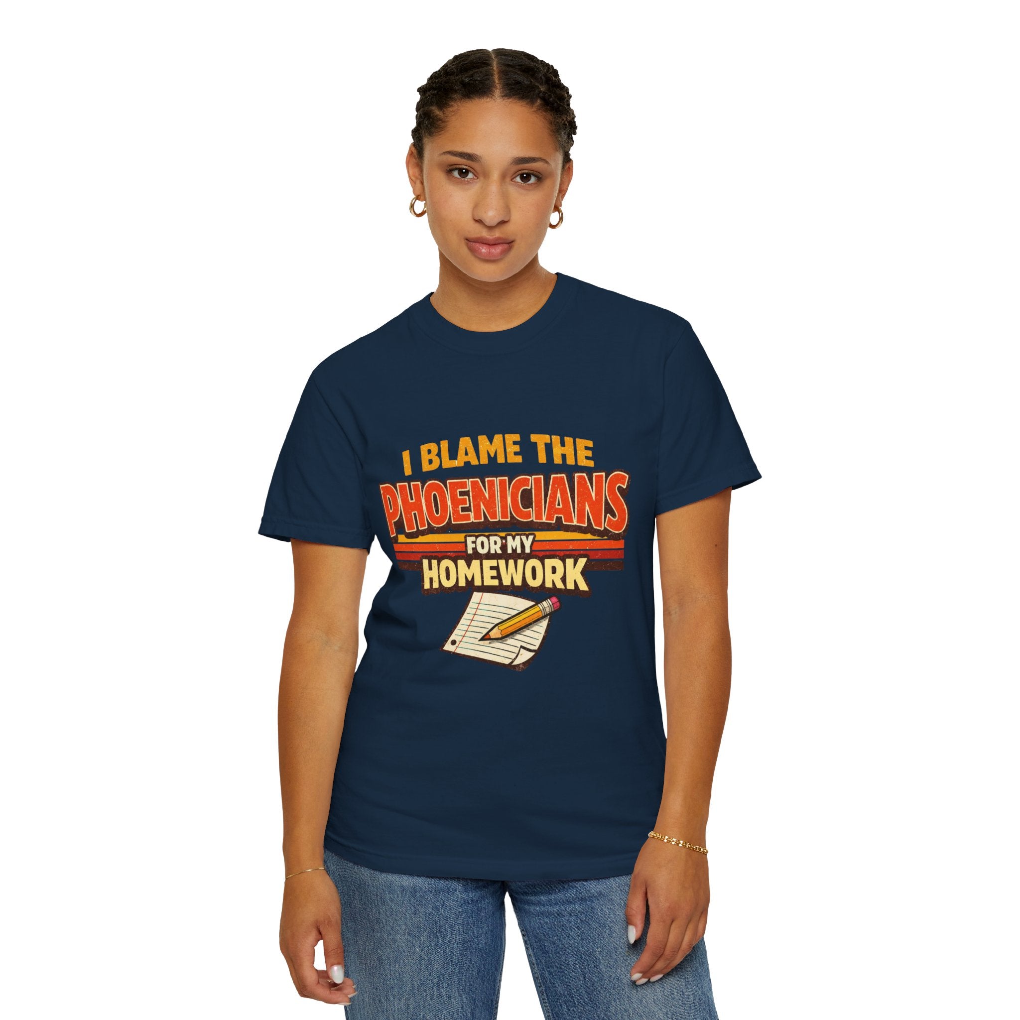 T-Shirt — "I Blame the Phoenicians for My Homework" Retro History Graphic Tee