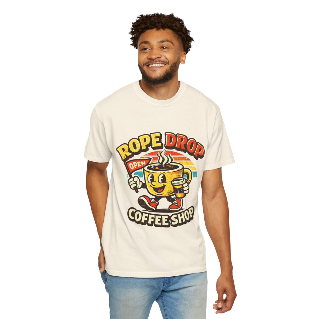 Coffee Shop T‑Shirt — 'Rope Drop' Retro Mascot Logo