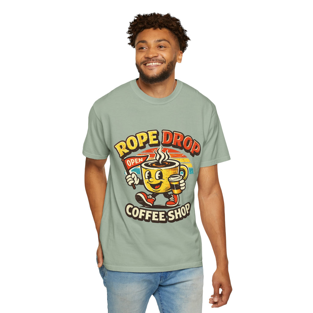 Coffee Shop T‑Shirt — 'Rope Drop' Retro Mascot Logo
