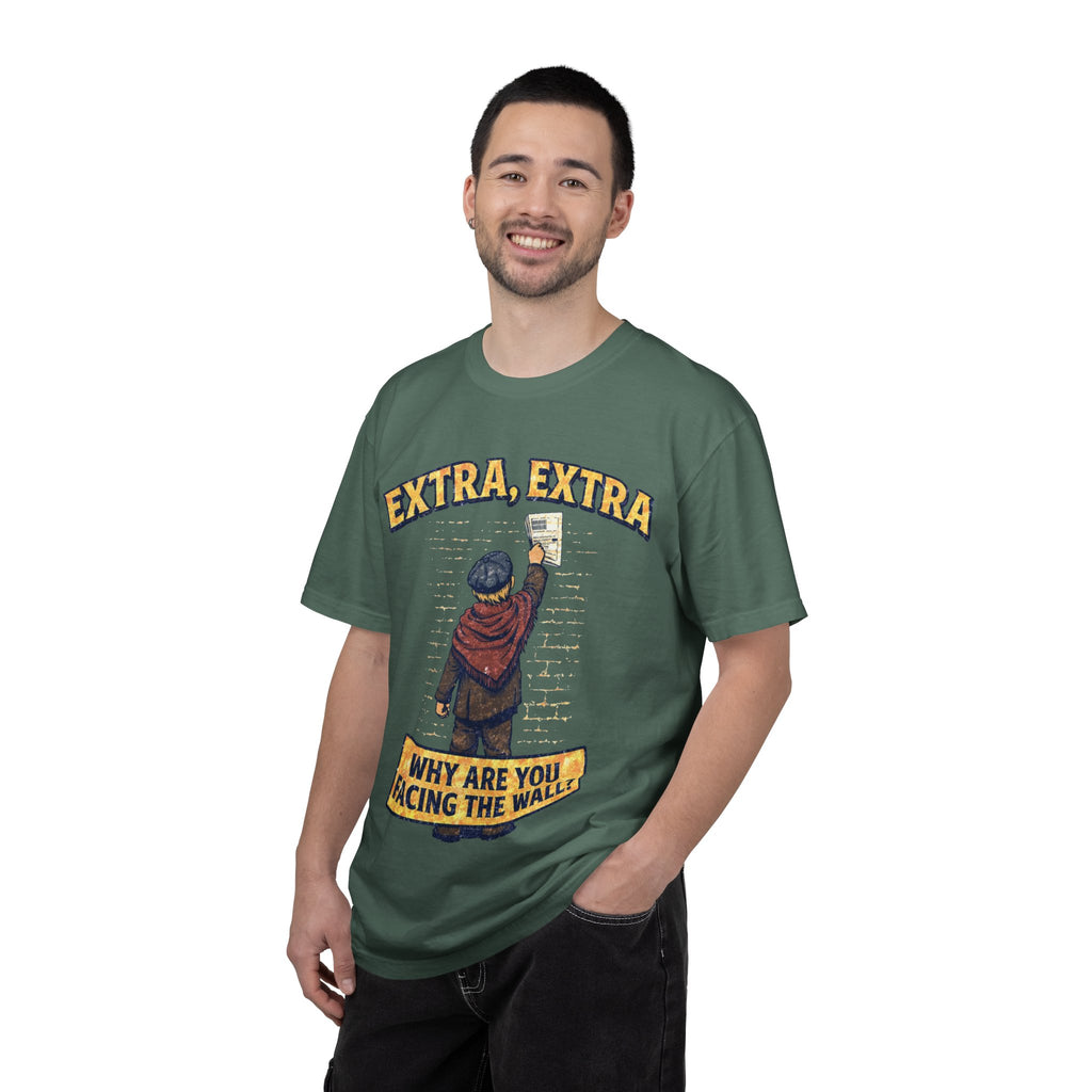 T-Shirt — "Extra, Extra: Why Are You Facing the Wall?" Vintage Newsboy Graphic