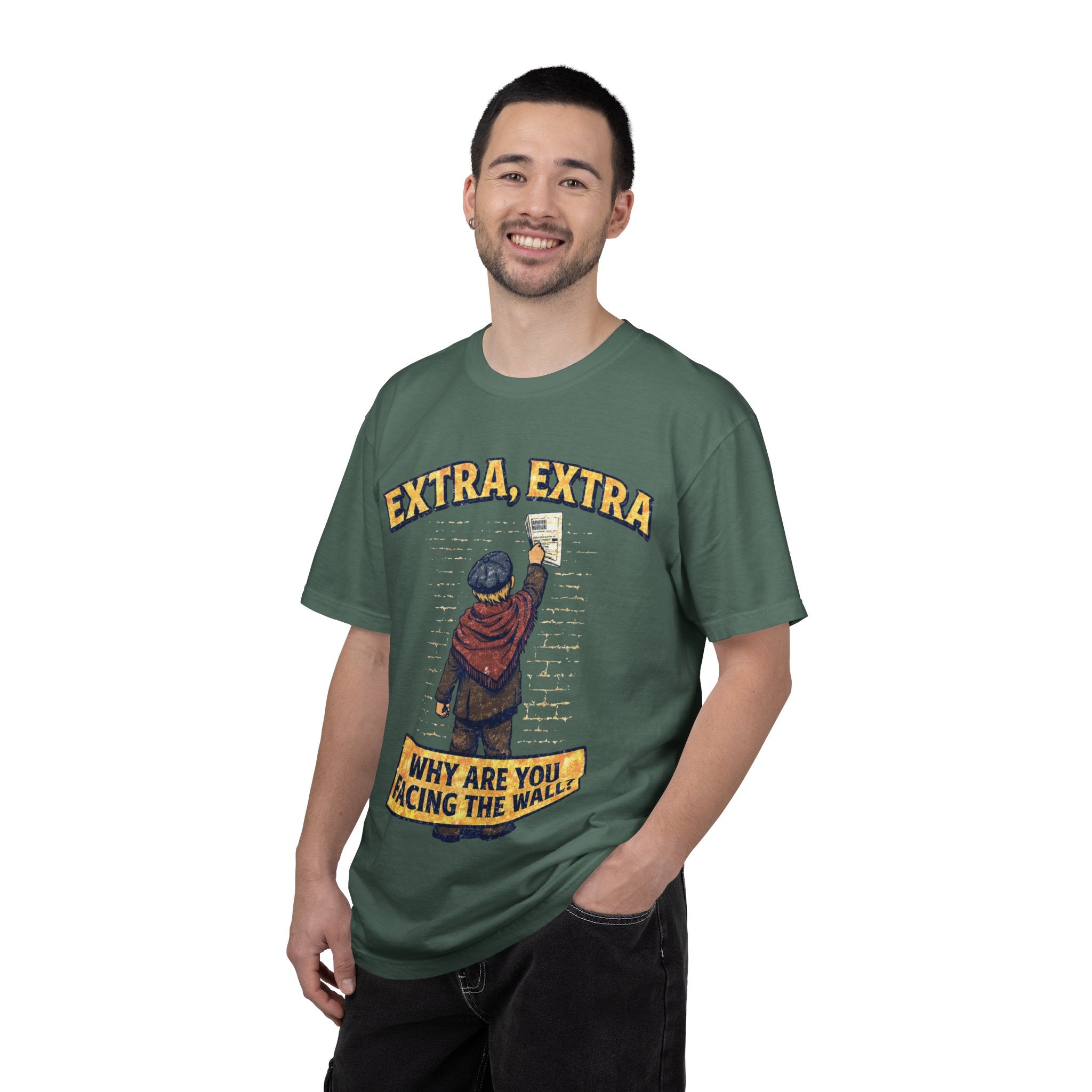 T-Shirt — "Extra, Extra: Why Are You Facing the Wall?" Vintage Newsboy Graphic