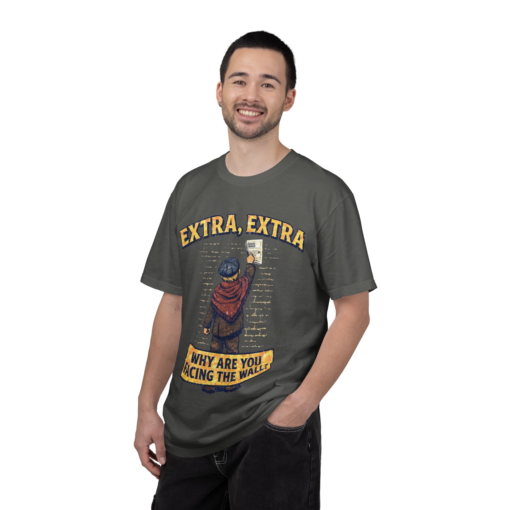 T-Shirt — "Extra, Extra: Why Are You Facing the Wall?" Vintage Newsboy Graphic
