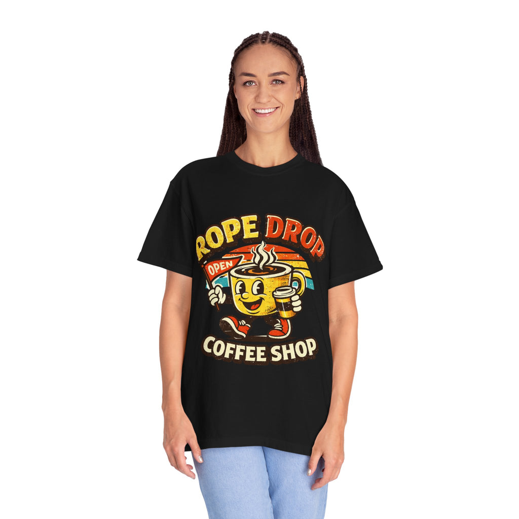 Coffee Shop T‑Shirt — 'Rope Drop' Retro Mascot Logo