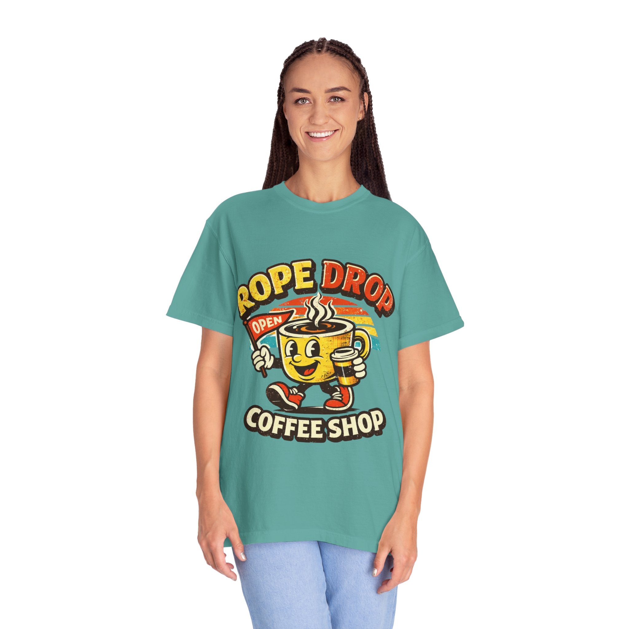 Coffee Shop T‑Shirt — 'Rope Drop' Retro Mascot Logo